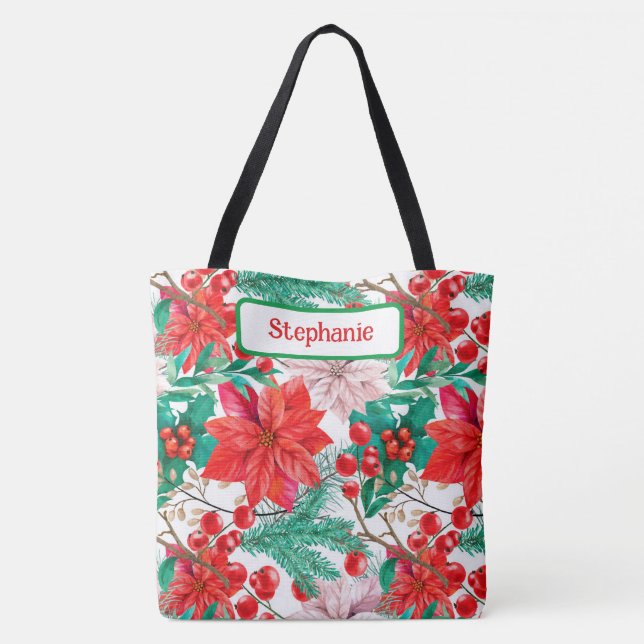 Bolsa Tote Na moda Poinsettias, Holly Berries, Pine Boughs (Verso)