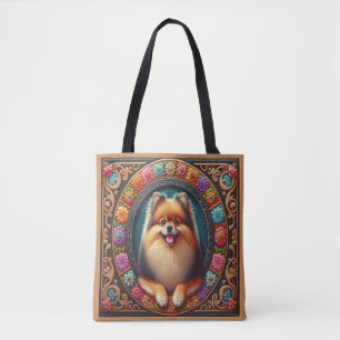 Bolsa Tote Na moda Pomerânia Cão Floral Colorida Fronteira