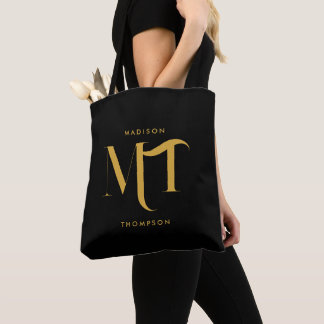 Bolsa Tote Na moda preto e Dourado Monograma - Letras iniciai