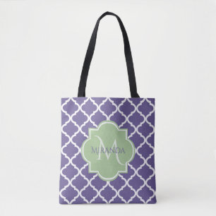 Bolsa Tote Na moda Purple Quatrefoil e Nome Monograma Verde