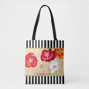 Bolsa Tote Na moda Red Poppy Floral Black Stripes Com Nome