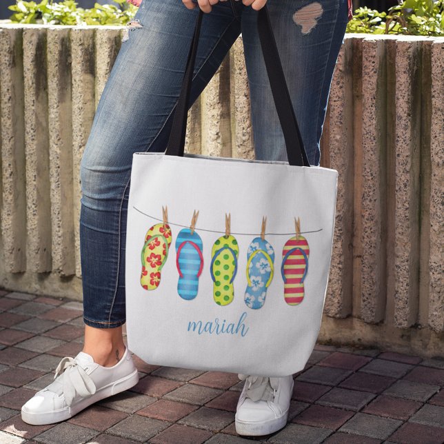 Bolsa Tote Na moda Trendy Bons Chinelos Simples de Praia (Colorful beach flip flops personalized tote bag. )