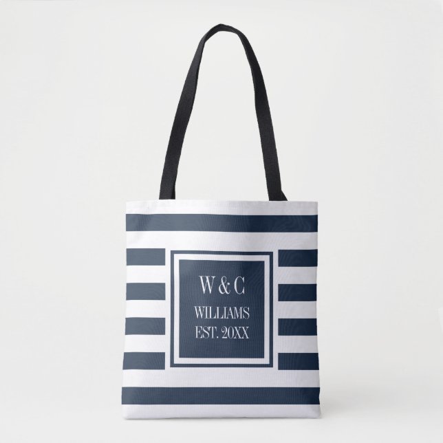 Bolsa Tote Na moda Trendy Monograma Marinho preto Stripe azul (Frente)