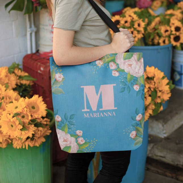 Bolsa Tote Na moda Vintage Rosa Rosa Monograma Simples Floral (Criador carregado)