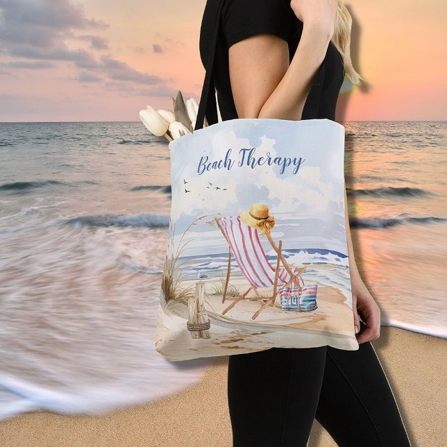 Bolsa Tote Na moda Watercolor Beach Ocean Sand Personalize (Criador carregado)