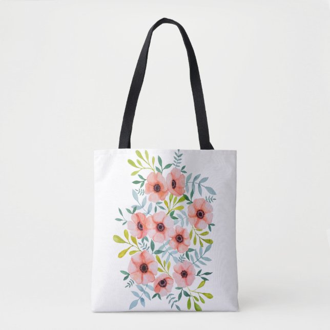 Bolsa Tote Na moda Watercolor - Ilustração Floral Rosa (Frente)