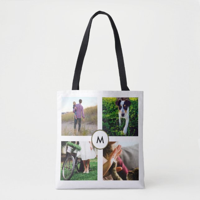 Bolsa Tote Na moda White Four Photo Grid com Monograma (Frente)
