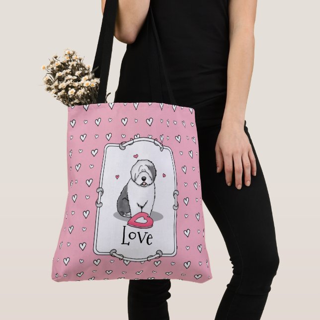 Bolsa Tote Namorados Rosa Antigo Cão-Ovino Inglês Cinza 1 Div (Close Up)