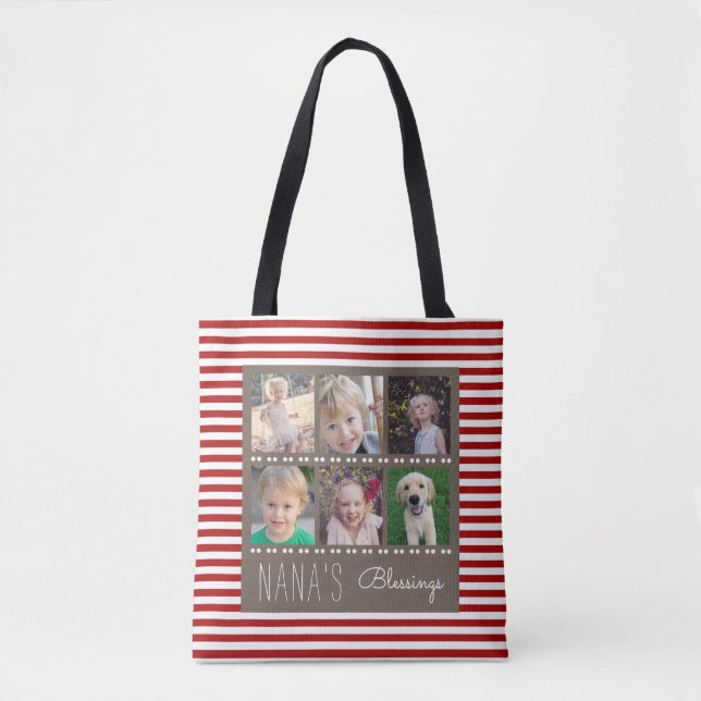 Bolsa Tote Nana's Blessings Photo Collage Red & White Stripes (Frente)