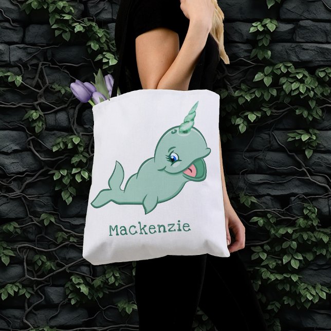 Bolsa Tote Narwhal Green | Fralda de bebê de cartoon Chibi (Criador carregado)
