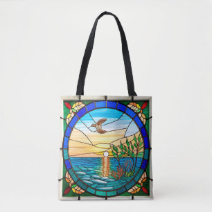 Bolsa Tote Nascer do sol sobre o oceano com pássaro voando