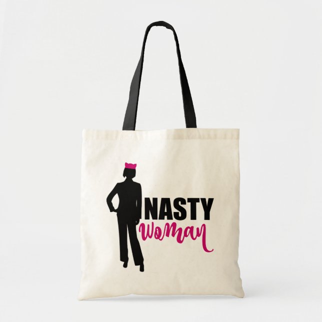 Bolsa Tote Nasty Woman Silhouette and Pink Pussy Cat Hat (Frente)