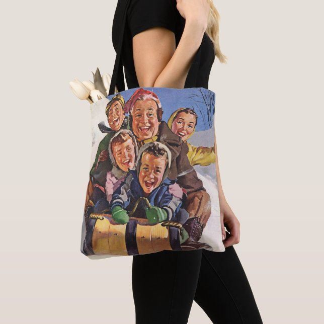 Bolsa Tote Natais vintages, Feliz Família Toboggan Sledim (Close Up)