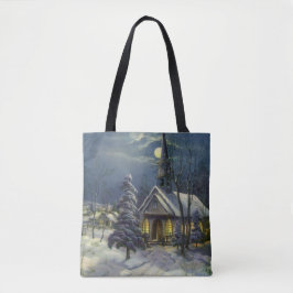 Bolsa Tote Natais vintages, Igreja de inverno na neve com lua