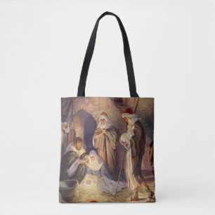 Bolsa Tote Natais vintages Natividade, 3 Pastores e Jesus