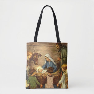 Bolsa Tote Natais vintages, Natividade Religiosa com Jesus Be