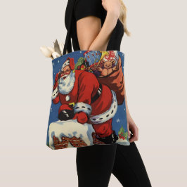 Bolsa Tote Natais vintages, Papai Noel Abaixo Chimney w Toys