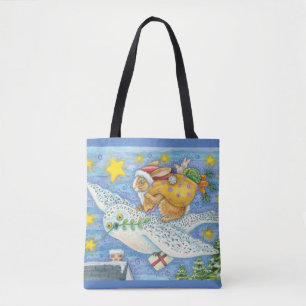 Bolsa Tote Natal adorável com Coelho como Papai Noel em uma c
