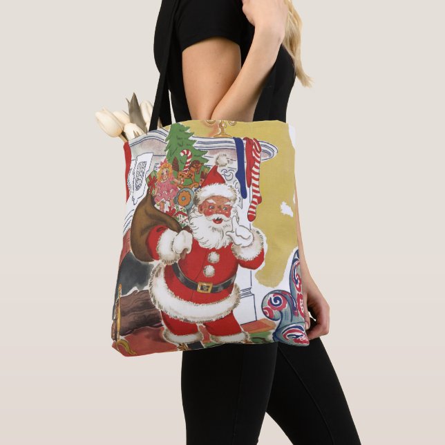 Bolsa Tote Natal Antigo, Alegre Papai Noel com Presentes (Close Up)