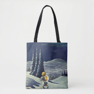 Bolsa Tote Natal Antigo, Anjo da Neve Caminhando com uma Estr