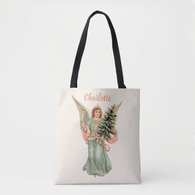 Bolsa Tote Natal Antigo, Anjo Vitoriano com Árvore (Frente)