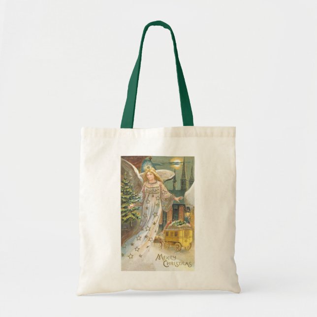 Bolsa Tote Natal Antigo, Anjo Vitoriano com Árvore (Frente)