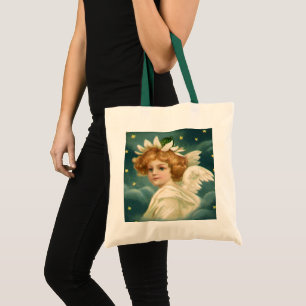 Bolsa Tote Natal Antigo, Anjo Vitoriano com Estrelas Douradas