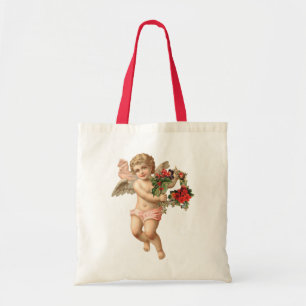 Bolsa Tote Natal Antigo, Anjo Vitoriano com Grinalda Floral
