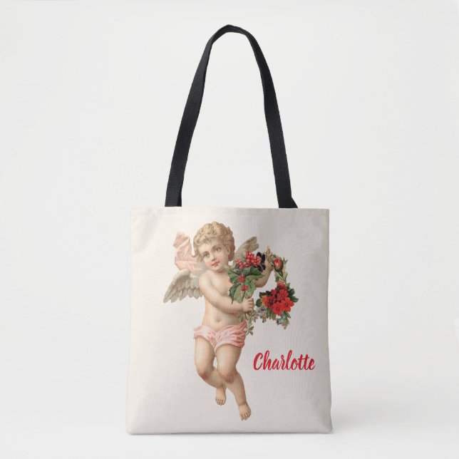 Bolsa Tote Natal Antigo, Anjo Vitoriano com Grinalda Floral (Frente)