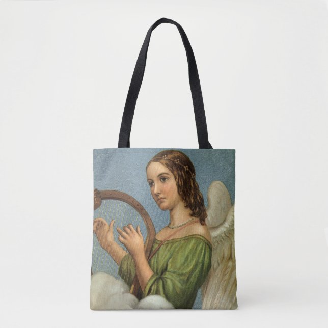 Bolsa Tote Natal Antigo, Anjo Vitoriano com Harpa Musical (Frente)