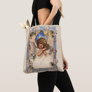 Bolsa Tote Natal Antigo, Anjo Vitoriano com Sininhos Dourados