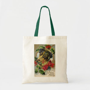 Bolsa Tote Natal Antigo, Cachorrinho Dachshund com Azevinho