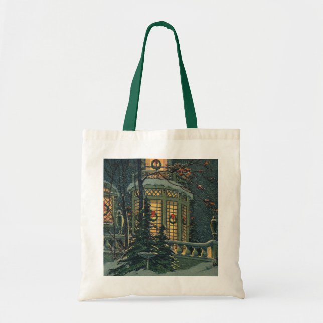 Bolsa Tote Natal Antigo, Casa com Grinaldas nas Janelas (Frente)