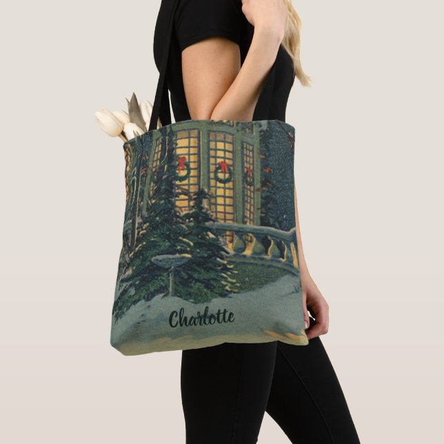 Bolsa Tote Natal Antigo, Casa com Grinaldas nas Janelas (Close Up)