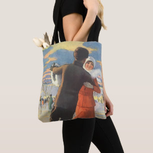 Bolsa Tote Natal Antigo, Casal Romântico Patinando no Gelo