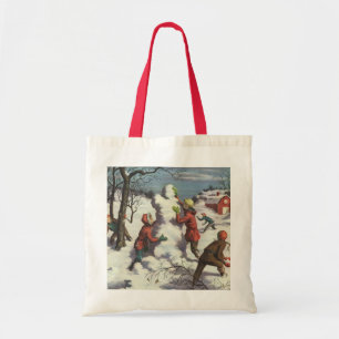 Bolsa Tote Natal Antigo, Crianças Brigando com Bolas de Neve