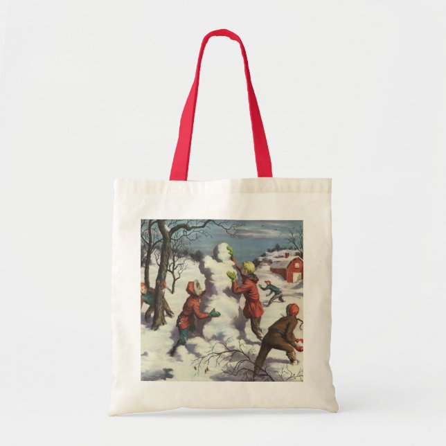 Bolsa Tote Natal Antigo, Crianças Brigando com Bolas de Neve (Frente)