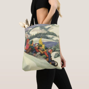 Bolsa Tote Natal Antigo, Crianças Puxando Trenó em uma Montan