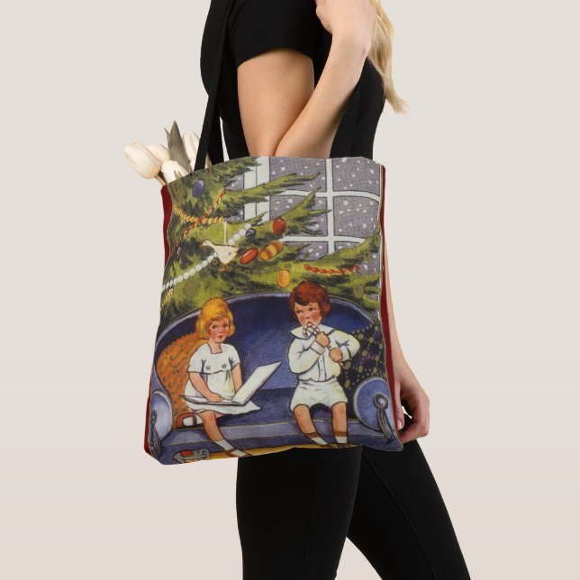 Bolsa Tote Natal Antigo, Crianças Sentadas num Sofá (Close Up)