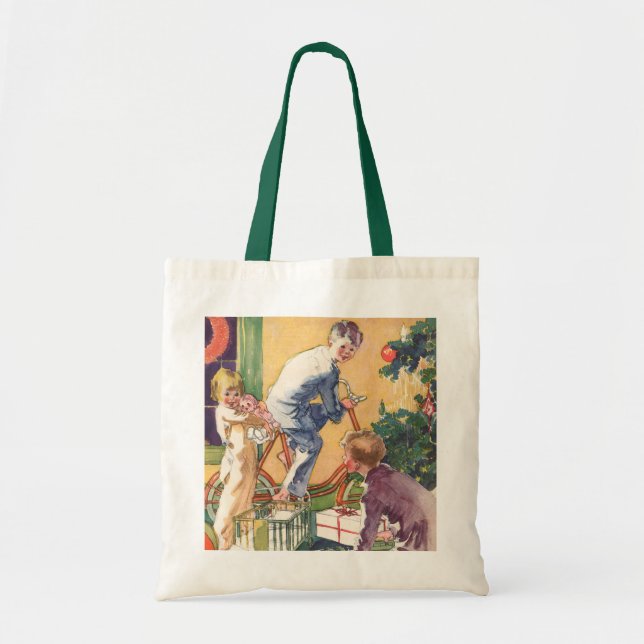 Bolsa Tote Natal Antigo de Manhã, Crianças com Presentes (Frente)