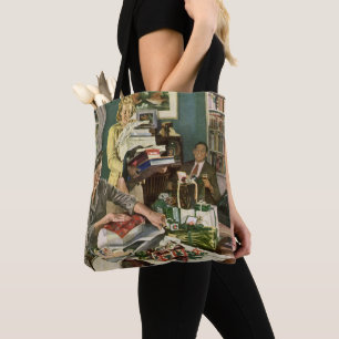 Bolsa Tote Natal Antigo, Família Feliz Envolvendo Presentes