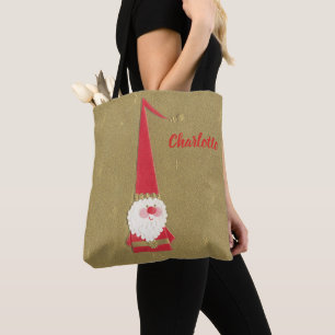 Bolsa Tote Natal Antigo, Gnome do Papai Noel Fofo em Dourado