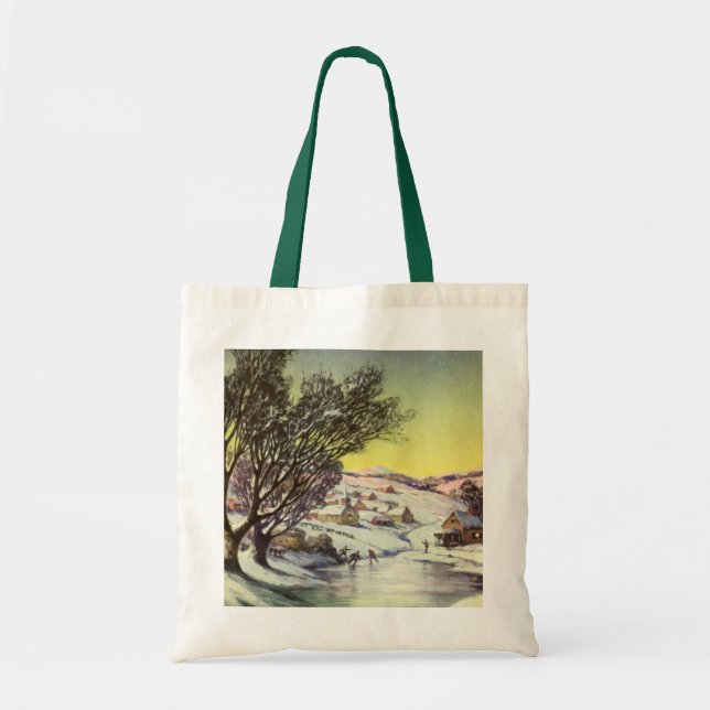 Bolsa Tote Natal Antigo, Lago Congelado com Patinadores no Ge (Frente)