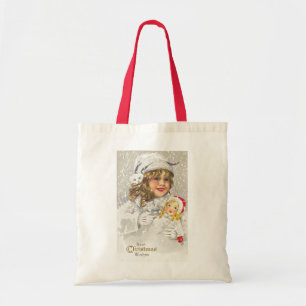 Bolsa Tote Natal Antigo Menina Vitoriana com Boneca na Neve