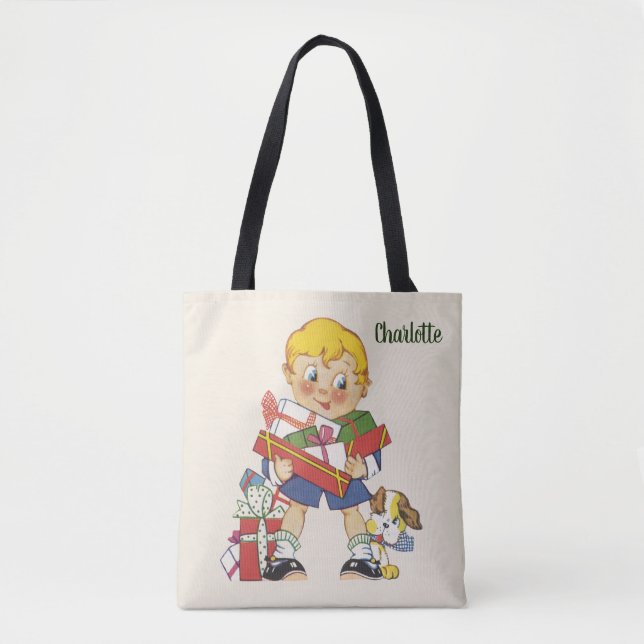 Bolsa Tote Natal Antigo, Menino com Presentes e Cachorrinho (Frente)