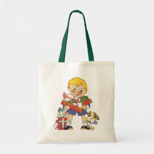 Bolsa Tote Natal Antigo, Menino com Presentes e Cachorrinho