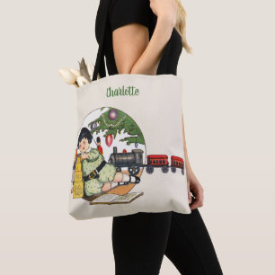 Bolsa Tote Natal Antigo, Menino Feliz Brincando com Brinquedo