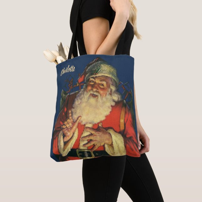 Bolsa Tote Natal Antigo, Papai Noel Alegre com Brinquedos (Close Up)