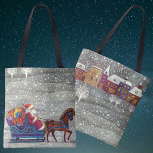 Bolsa Tote Natal Antigo, Papai Noel e Trenó Aberto Puxado por