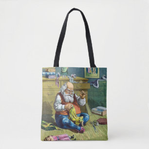Bolsa Tote Natal Antigo, Papai Noel Fazendo Bonecas de Brinqu